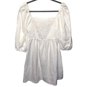 Tuckernuck Linen Smocked Dress Womens Medium White Puff Sleeve Cottagecore